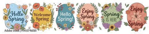 Professional collection of decorative spring greeting labels and badges featuring hello spring typography and colorful wildflowers isolated on white for seasonal marketing brand designs