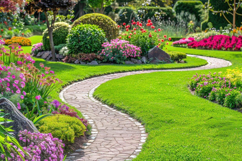 Obraz premium Landscape gardening design with green manicured lawn, green backyard with colorful blooming flower beds.
