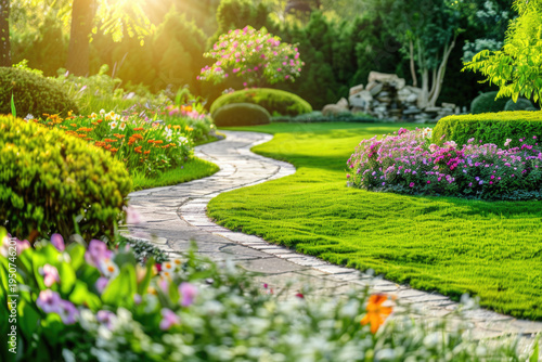 Wallpaper Mural Landscape gardening design with green manicured lawn, green backyard with colorful blooming flower beds. Torontodigital.ca