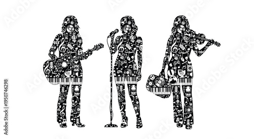 Set of 3 music icons vector, musicians playing guitar, microphone and violin