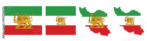 Comprehensive collection of historic Iranian flag and map with Lion and Sun emblem featuring green white red tricolor for Persian culture and protest concept isolated on white background