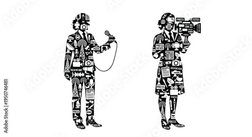 Set of 2 journalism icons vector, news reporter and cameraman