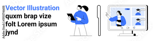 Telecommunication, online education, digital collaboration, video conferencing, remote work, distance learning. Person engaging in a video call on a computer. Telecommunication and online education