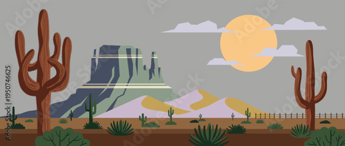 Beautiful panoramic flat vector illustration of a wild west desert landscape featuring saguaro cacti, rocky butte mountains, and sand dunes under a muted sunset sky for commercial travel use