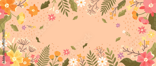 Vibrant spring garden floral frame with hand drawn wildflowers and botanical leaves on peach background for elegant wedding invitations greeting cards and professional banner graphics