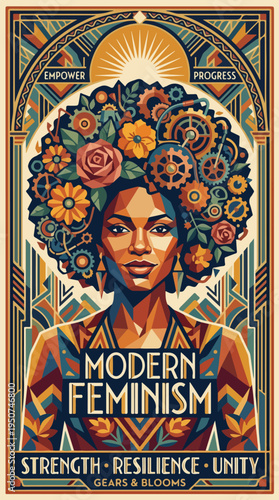 Art deco poster of smiling woman with floral and gear afro and modern feminism text