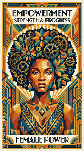 Art deco poster of woman with gear and leaf afro and empowerment strength and progress text