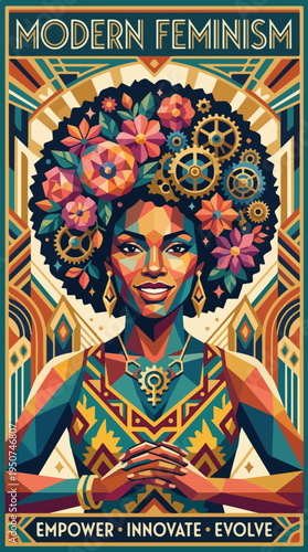 Art deco poster of smiling woman with floral and gear afro and modern feminism banner