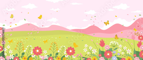 Beautiful panoramic flat vector illustration of a blooming spring meadow with colorful wildflowers butterflies and rolling pink hills under a soft pastel sky for seasonal background use