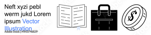 Education, financial planning, business concepts, currency economy, learning, workplace icons. Open book, briefcase dollar coin symbols in a clean linear style. Education and financial planning