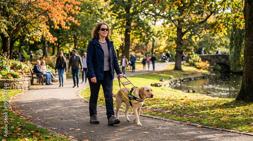 Woman walking with a guide dog on a park path. Golden foliage and a riverside path create a calm autumn atmosphere.
