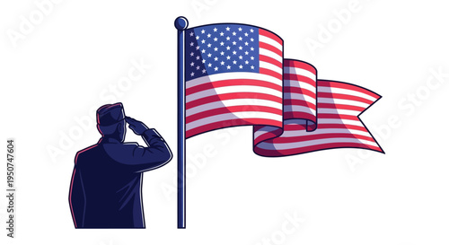 Vector illustration of a military veteran saluting in front of a waving American flag on National Vietnam War Veterans Day with a patriotic mood