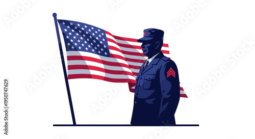 A military officer in silhouette stands proudly beside a waving American flag on National Vietnam War Veterans Day with a patriotic mood