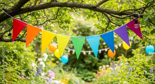 Colorful bunting and fairy lights strung in a lush, green garden, inviting and cheerful