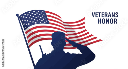 A patriotic illustration of a military silhouette saluting in front of a waving American flag with a bold, graphic design and a clean white background