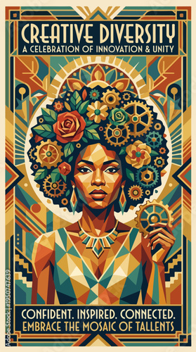 Art deco poster with geometric woman portrait flowers gears medallion and Creative Diversity text