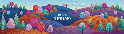 Vibrant hello spring greeting banner featuring a whimsical nature landscape with colorful decorative patterned trees and rolling hills for commercial seasonal graphic design templates