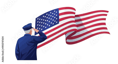 A military veteran in a blue uniform salutes the American flag in a patriotic illustration with a USA flag, symbolizing National Vietnam War Veterans Day and military service honor