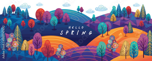 Colorful hello spring seasonal greeting banner featuring a vibrant geometric nature landscape and decorative trees for commercial graphic design template isolated on white background