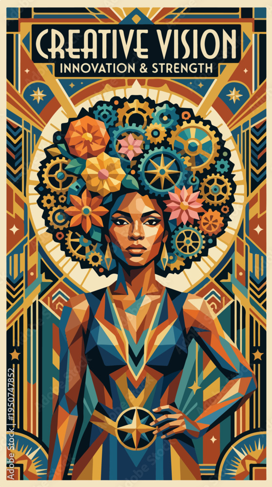 Fototapeta premium Art deco poster of geometric woman with floral and gear afro and Creative Vision text