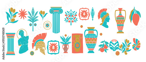 Professional Collection of Ancient Greek and Mediterranean Icons Featuring Classical Columns Vases Spartan Helmet and Olive Branches for Travel Marketing and Cultural History Design Isolated on White 