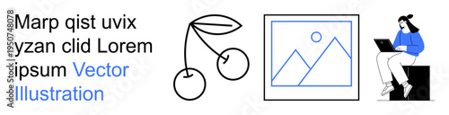Creative concepts, art, technology, minimalism, education, design. Visual elements include cherry icon, framed gallery image and a woman with a laptop. Creative concepts and technology portrayed
