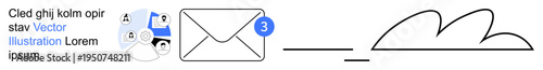 Communication, email reminders, cloud storage, digital connectivity, online services, data exchange. Envelope with notification, user icons and a cloud outline. Communication and email reminders