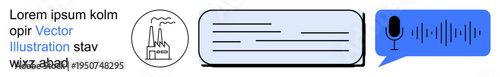 Communication, automation, messaging, transcription, voice notes, industrial processes. Icon of a factory, text box speech bubble with microphone and sound waves. Communication and automation