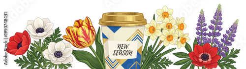 Professional spring coffee cup banner with red anemones tulips and purple lupines featuring new season typography isolated on white background for seasonal cafe marketing and branding design
