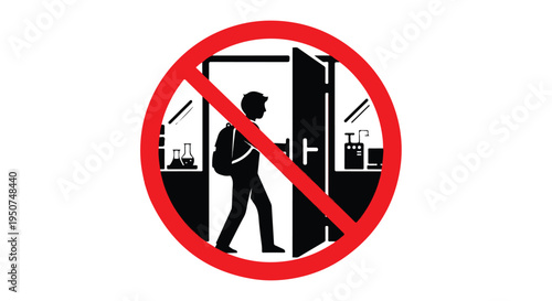 A black silhouette of a person walking through a doorway with a red prohibition sign against a white background.