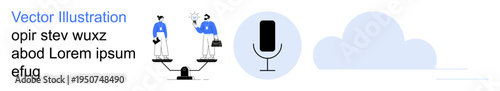 Business ethics, gender equality, communication, cloud storage, teamwork, technology. People balanced on a scale, microphone cloud icon. Gender equality and business ethics visualization