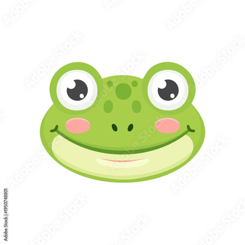 Smiling cartoon frog face with big eyes and pink cheeks