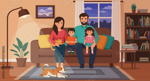 Smiling family with kids and pets relaxing at home at night