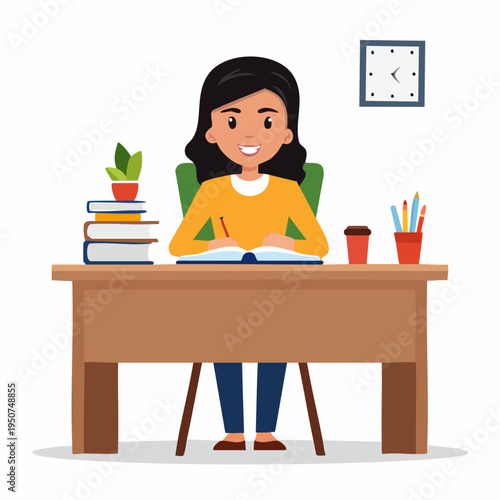 Smiling girl writing in book at study desk