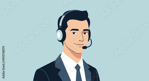 Smiling man wearing headset and suit for customer service