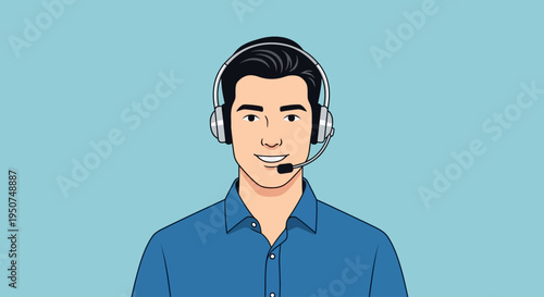 Smiling man in blue shirt wearing a headset
