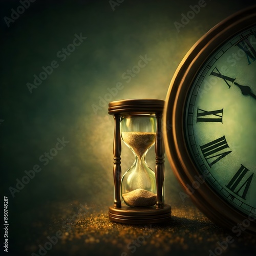 Vintage Hourglass and Roman Numeral Clock Face on a Dark Textured Background with Golden Dust, Concept of Time Management, Passing of Time, Deadline, and Eternal History