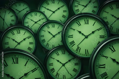 Abundance of Vintage Wall Clocks with Roman Numerals on Green Faces, Concept of Time Management, Passing of Time, Global Time Zones, and History Background