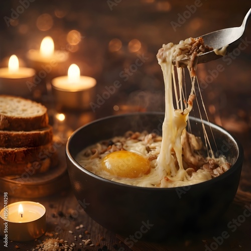 Hot Bowl of Cheesy Noodles with Egg Yolk and Sliced Bread in Candlelight, Close-up of Melted Cheese Pull on a Spoon, Cozy Dinner Atmosphere with Warm Bokeh Background