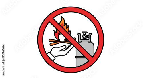 A graphic illustration of a prohibited sign with a hand holding fire near a gas cylinder on a white background.