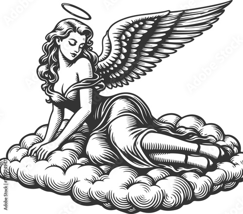 Angel woman resting on clouds vintage engraving illustration