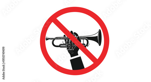 Flat lay of a no guns allowed sign with a red circle and line over a black hand holding a trumpet on a white background with a bold graphic style.