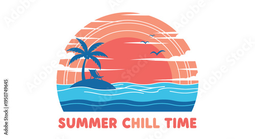 Vector summer vacation logo with palm tree and sunset