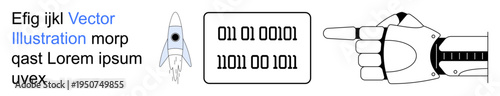 Artificial intelligence, robotics, coding, innovation, digital technology, automation. Binary code, robotic hand with intricate design rocket launch progress. Artificial intelligence and robotics