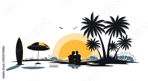 Vector tropical island scene with palm trees and surfer