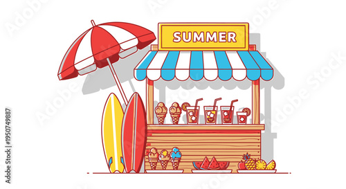 Vector illustration of summer food and drink stand with surfboards and umbrella