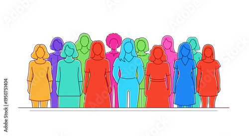 Women's Day Colorful illustration of a diverse group of people standing together in a line with a celebratory and joyful mood