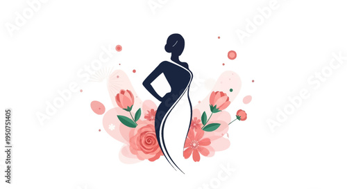 A confident businesswoman silhouette stands amidst vibrant pink flowers and green leaves on a white background, celebrating Women's Day with colorful floral decorations