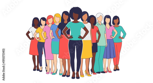 A diverse group of women in colorful outfits standing together in a line, celebrating women's day with a sense of solidarity and empowerment