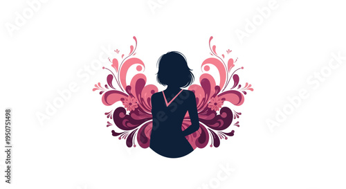Women's Day A dark silhouette of a businesswoman with a pink floral design, conveying a sense of women's celebration and colorful decoration